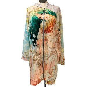 Anime-Inspired Hooded Longline Jacket Zipper Front Floral Art Allover Print 2LX